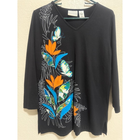 Alfred Dunner Womens Black Floral Butterfly V-Neck 3/4 Sleeve Top Small Cotton - Picture 2 of 7